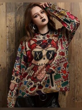Graphic Off-the-Shoulder Sweater with Cartoon Skull Print - Multicolor